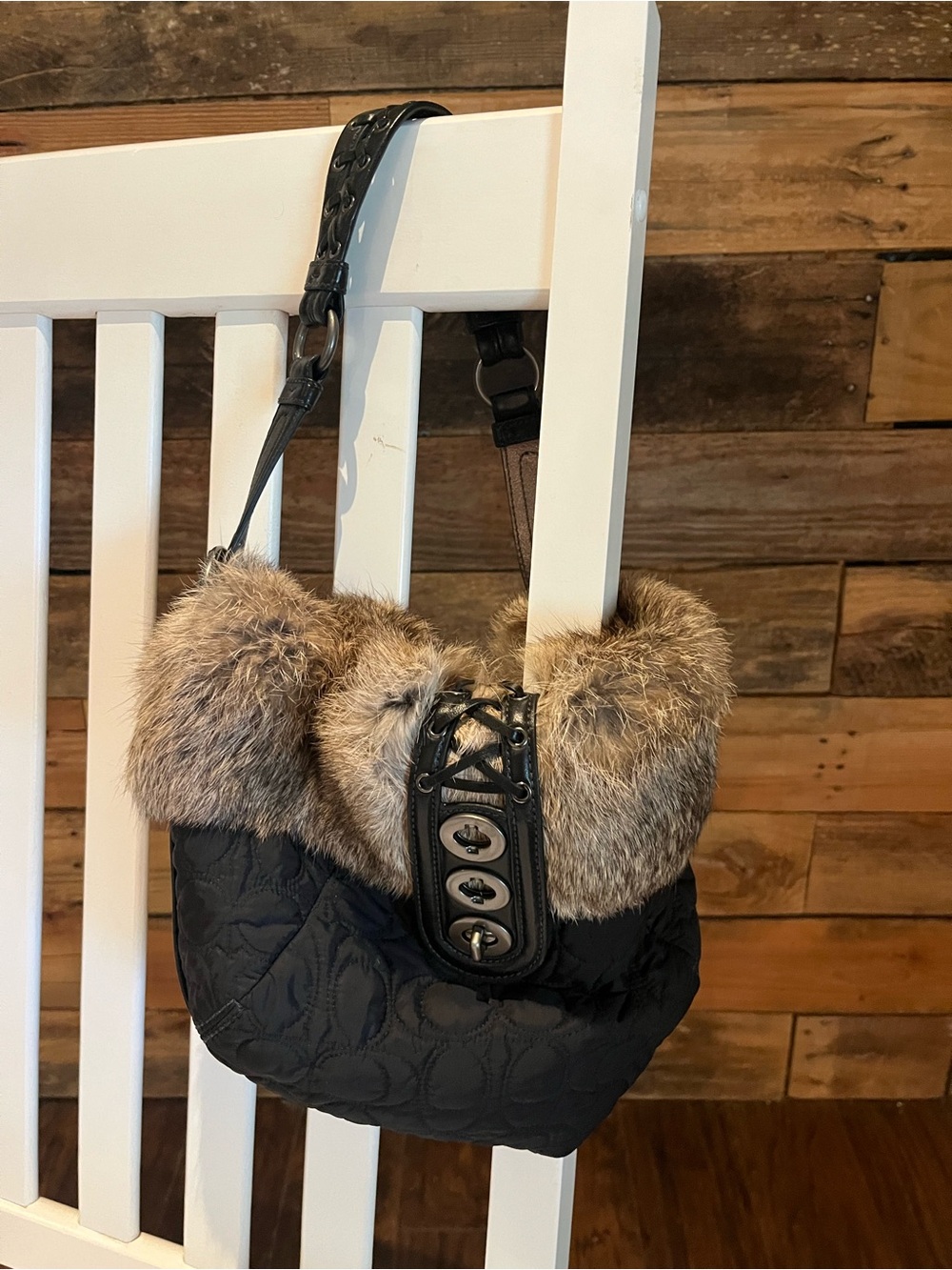 Coach Vintage Black Leather and Rabbit Fur Shoulder Bag